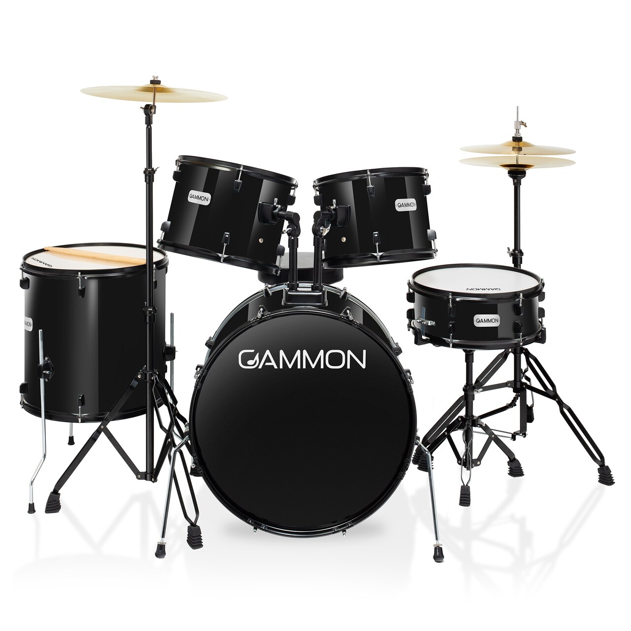 Gammon Percussion Full Size Complete Adult 5-Piece Drum Set with Cymbals, Stands, Stool, and Sticks